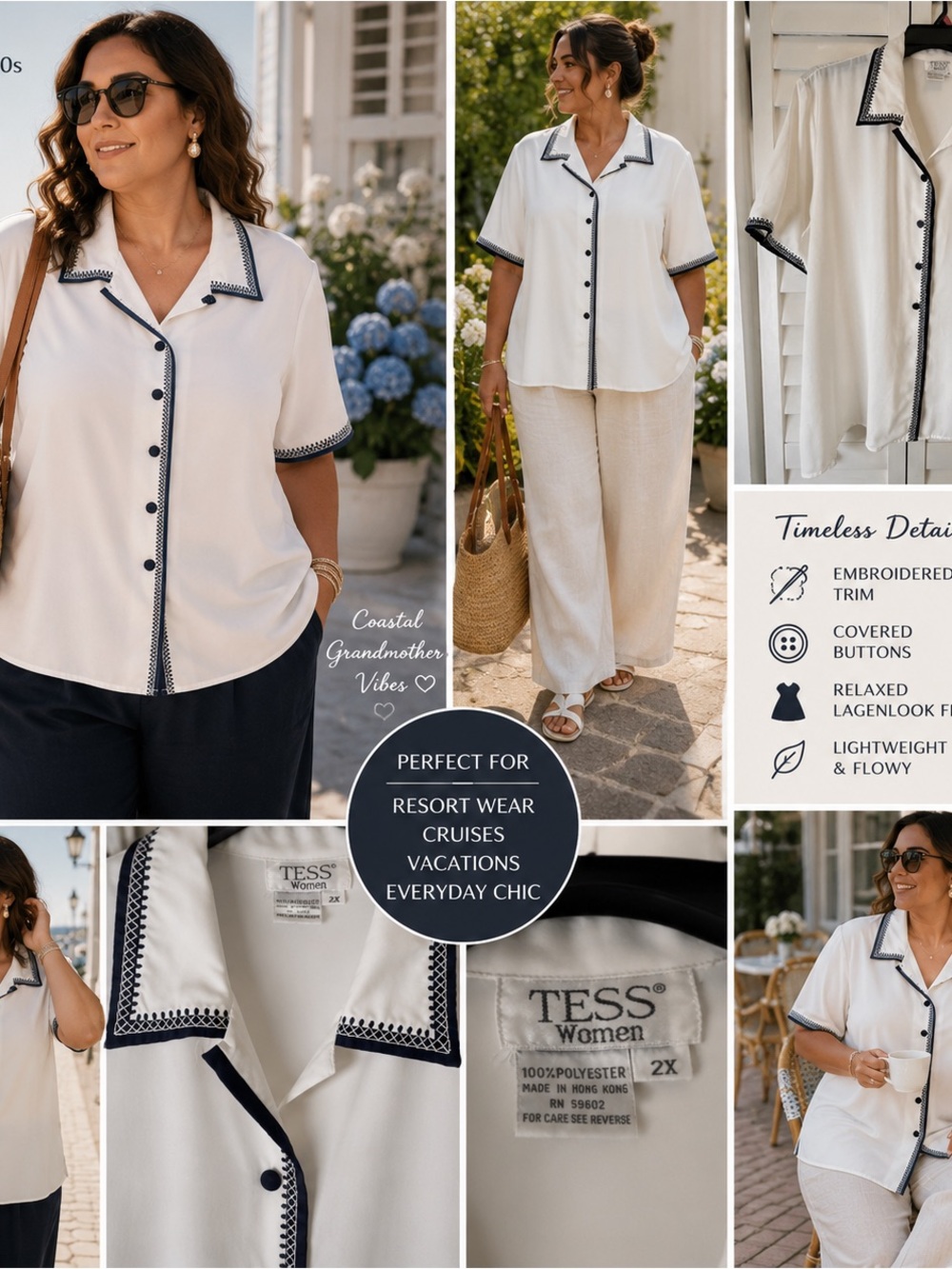 Vintage Tess Blouse 2X White Navy Trim Nautical Resort Coastal Grandma Hampton